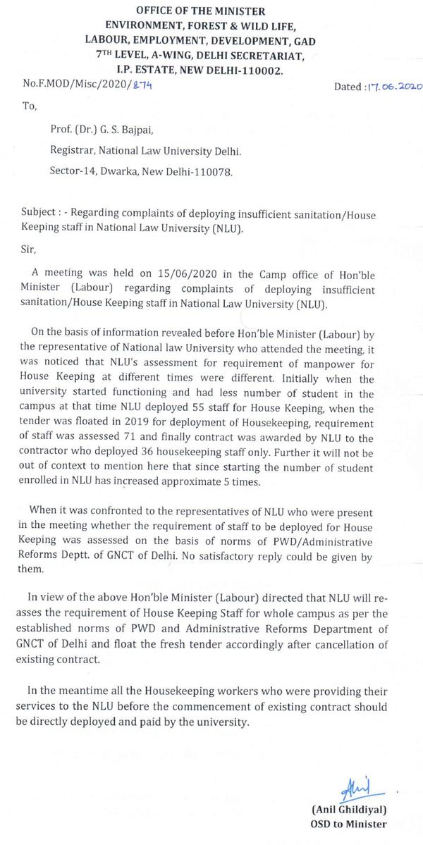 NLU Delhi students win victory against hostile administration to safeguard jobs of cleaning staff
