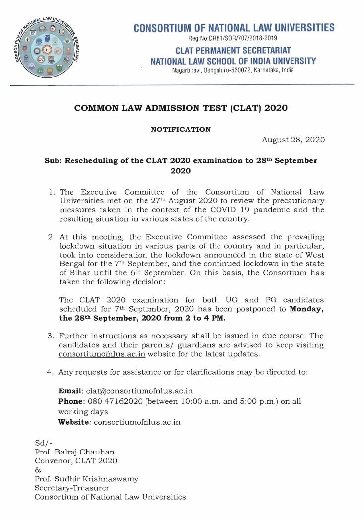 CLAT postponed to 27 September