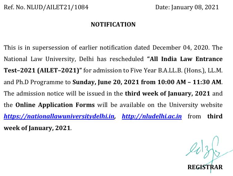 AILET postponed to 20 June 2021