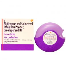 Picture of Seretide Accuhaler (circular, in a pink and purple colour combination), next to its box