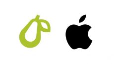 An image comparing the logos of Prepear and Apple. Prepear logo is a green outline of a pear with a downward leaf whereas the apple logo is a filled black apple with a bite at its top right and an upturned leaf.