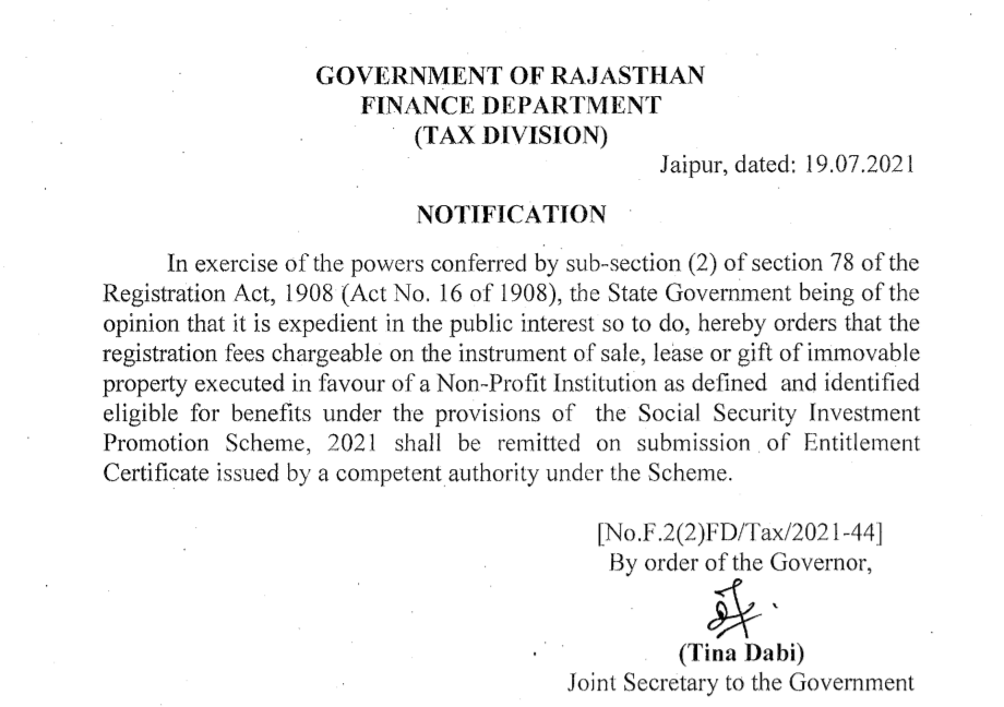 Stamp Duty and Registration Fee exemption to NGO