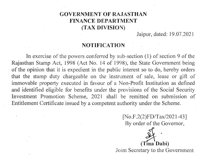 Stamp Duty and Registration Fee exemption to NGO