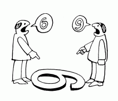 pic of 2 people standing on opposite ends of a number on the ground. One sees 6, the other sees 9.