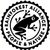 Certification mark for Rainforest Alliance. It depicts a frog in the middle with words "Rainforest Alliance" "People & Nature" circumscribing it. 