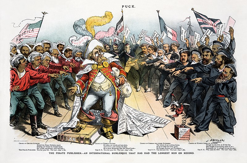 The Pirate Publisher—An International Burlesque that has the Longest Run on Record by Joseph Ferdinand Keppler. Depicting authors surrounding a publisher who republishes their work in other countries without attribution.