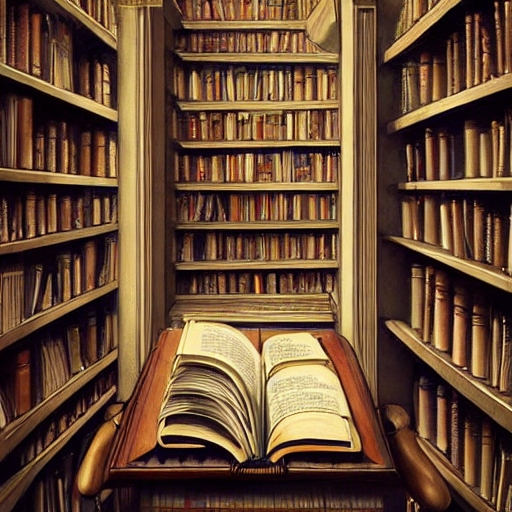 An AI generated image of a library with an opened book in the centre