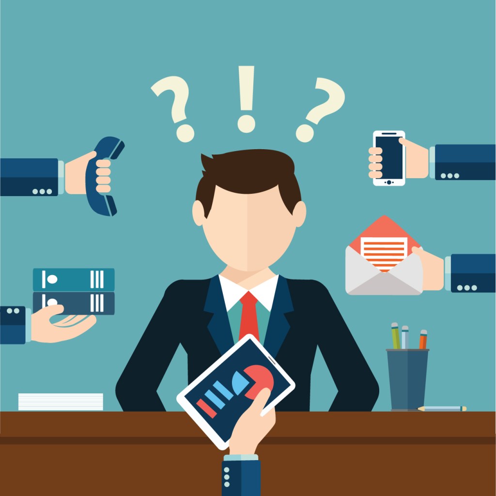 image of a confused caricature surrounded by multiple hands holding phones, books, tablets respectively. 