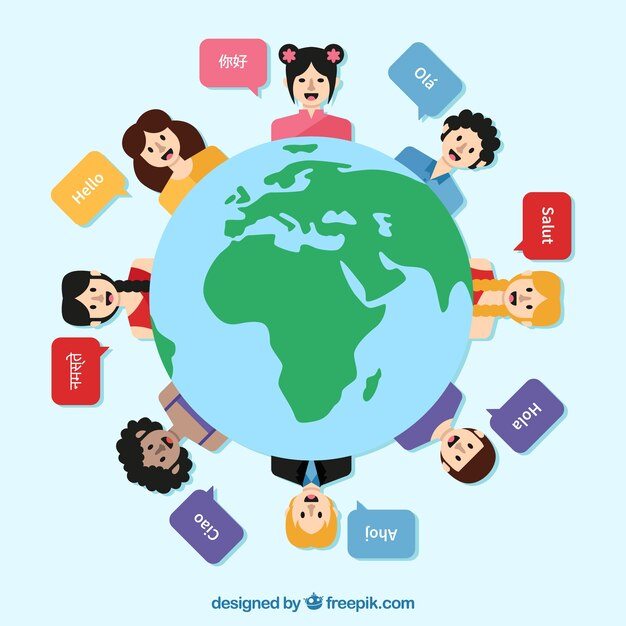 An illustration of earth surrounded by different people saying "hello" in their native language. 