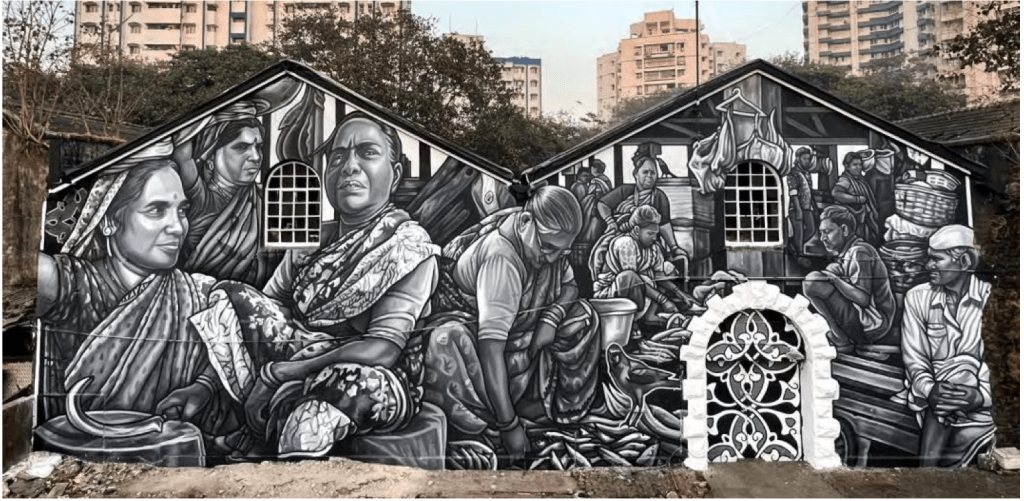 Mural of a fish market in Sassoon Dock, Mumbai.