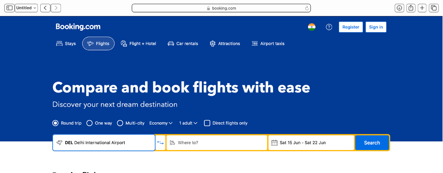 Screenshot of booking's webpage with its logo in the top left corner. 