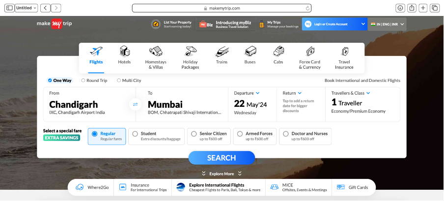 Screenshot of Makemytrip's webpage with its logo in the top left corner. 