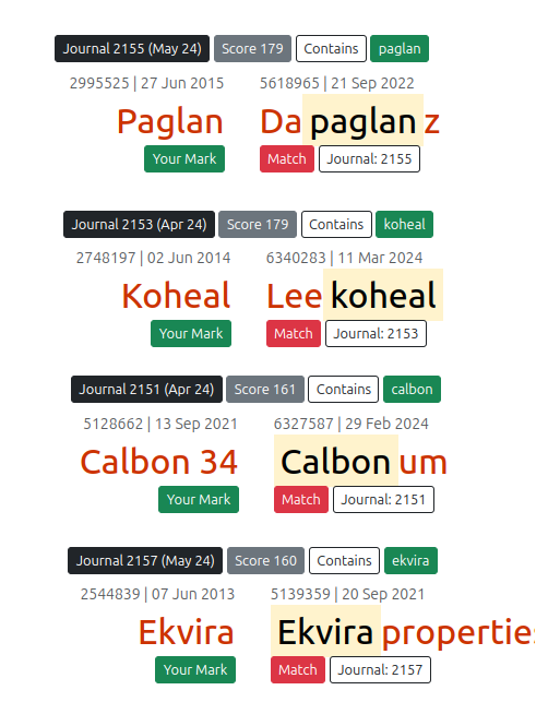An illustration showing matching results of a mark with potentially conflicting marks. It shows "Da paglan z" as conflicting mark for "Paglan" "Lee koheal" as conflicting mark for "Koheal", "Calbon um" as conflicting mark for "Calbon 34", and "Ekvira propertie" as conflicting mark for "Ekvia". 