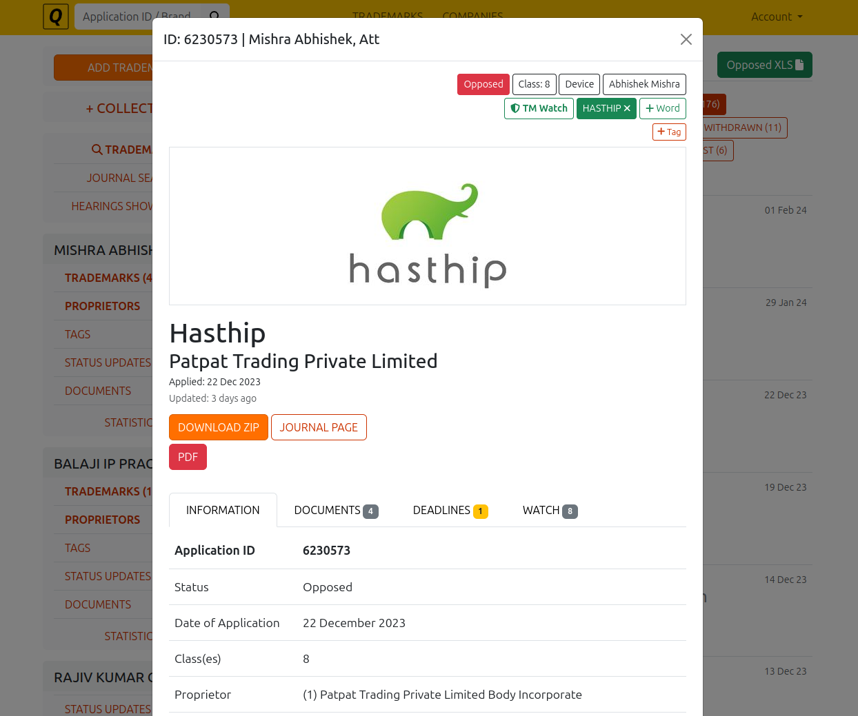 An illustration showing the outlook of the website on mobile phone. As an example It displays the image (of a green elephant silhouette with the word "hasthip" written below it, the wordmark (Hasthip), name of the proprietor (Patpat Trading Pvt. Ltd.) the application number (6230573), Status (Opposed) Date of application (22 December 2023) Class (8) with options to view documents, deadlines and watch. 