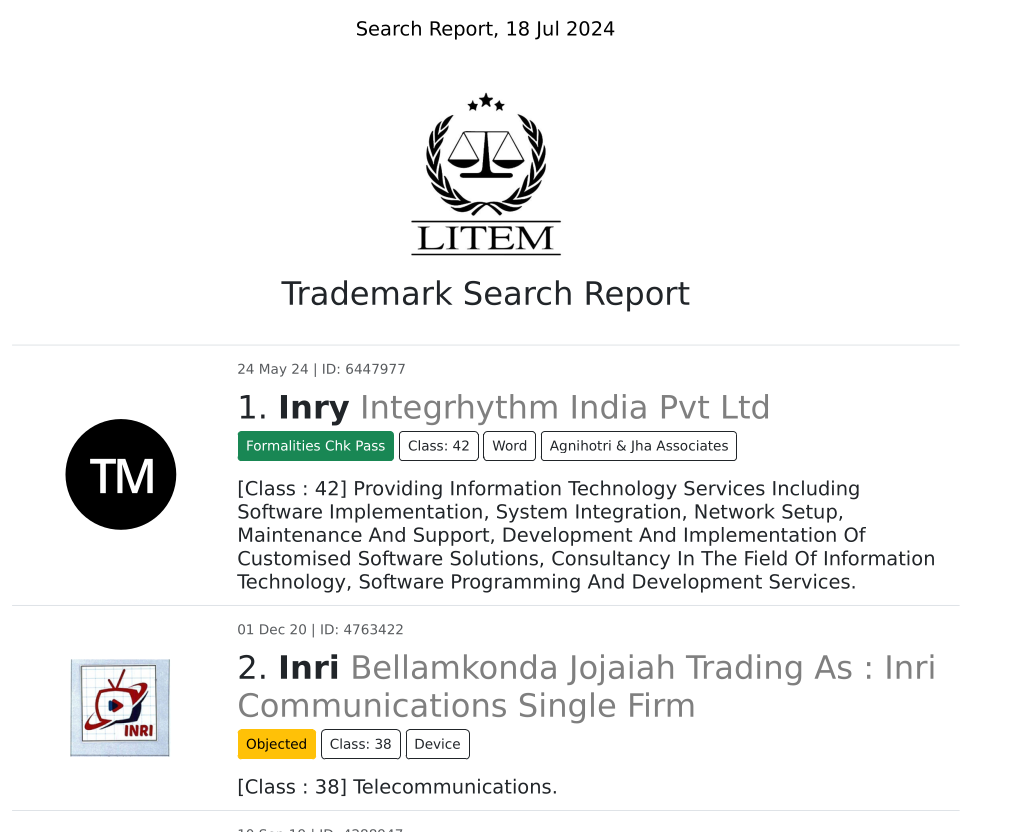 A trademark search report generated with 2 results- Inry Integrhythm India Pvt. Ltd. and Inri Bellamkonda Jojaiah Trading as Inri Communications Single Firm. 
