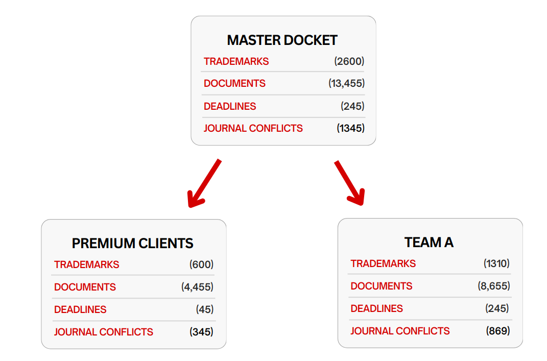 A chart explaining how the Master Docket can be shared between clients and teams. The image shows 2600 trademarks, 13455 documents, 245 deadlines and 1345 journal conflicts were shared in between 600 trademarks (Premium clients) and 1310 trademarks (Team A),4455 (Premium Clients) and 8655 (Team A), 45 deadlines (Premium clients) and 245 (Team A), 345 Journal Conflicts (Premium Clients) and 869 (Team A) 