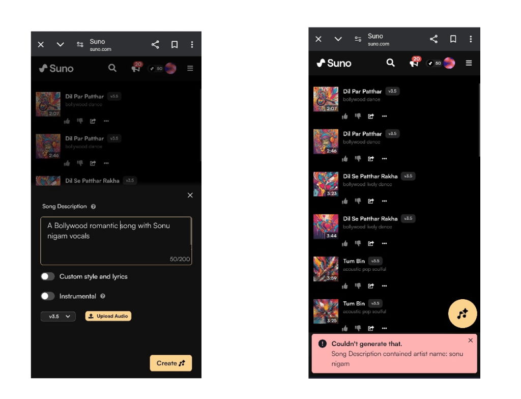 Screengrabs of the Suno AI- the first one is an example of song prompt given by a user and the other one is the pop up by the platform which denies one to use artist’s name.